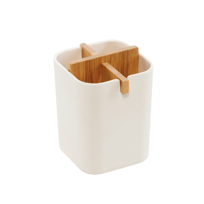 Compact white bamboo brush organizer with natural wood dividers for neat storage in home improvement spaces