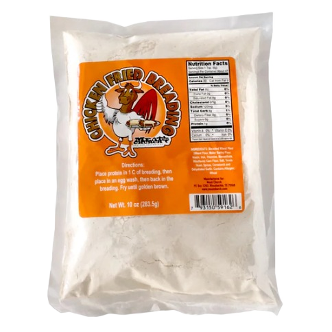 Clear plastic bag of Meat Church BBQ Chicken Fried Breading with an orange label showing cooking directions and nutrition facts