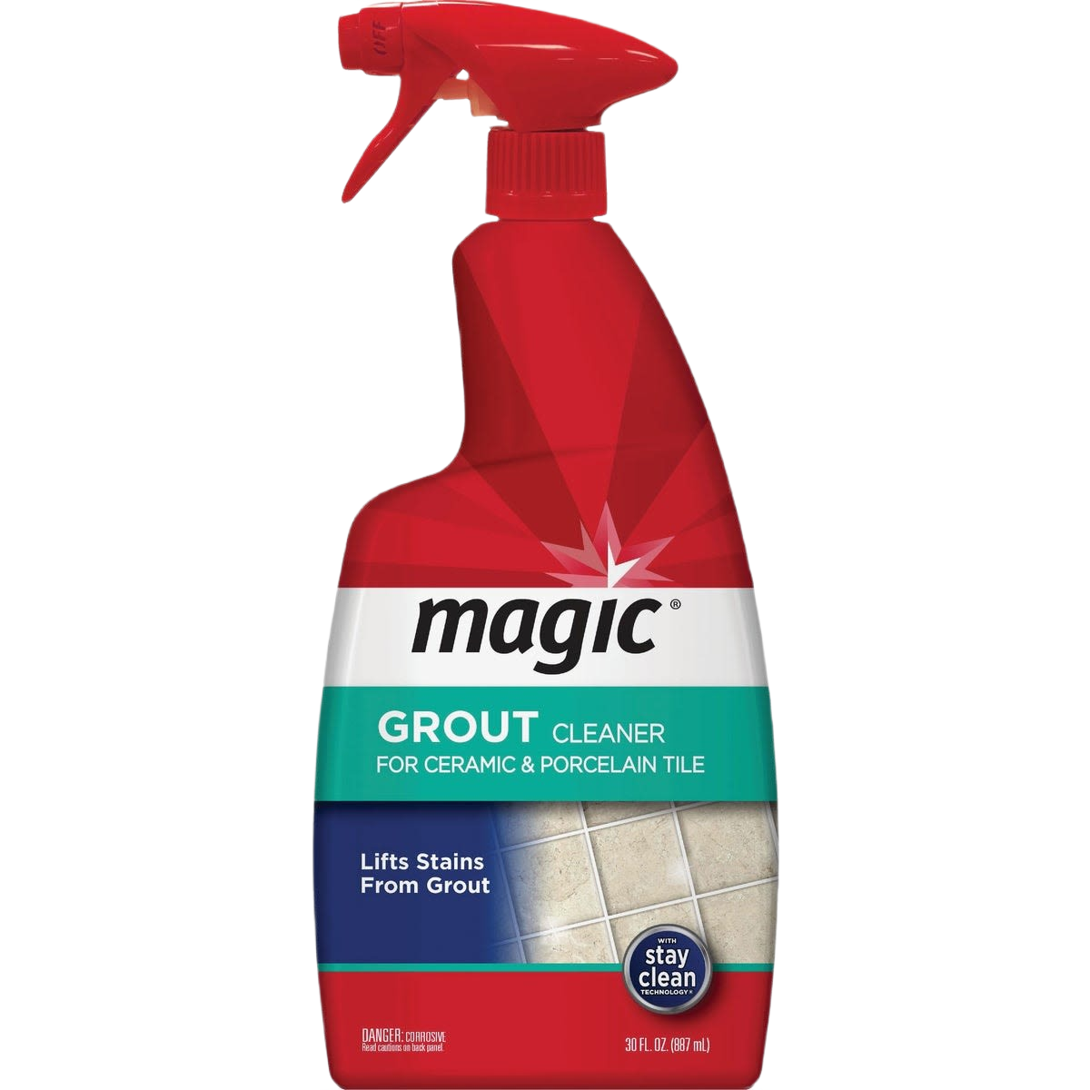 Red spray bottle with label for cleaning grout on ceramic and porcelain tile, designed for home improvement use