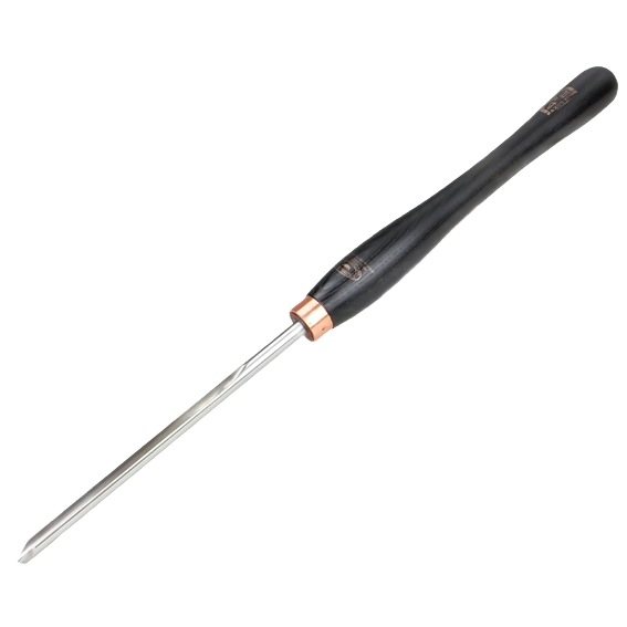 Woodturning bowl gouge with ergonomic dark wooden handle and polished steel blade for precise carving tasks