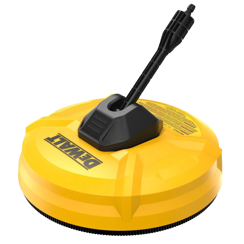 Yellow rotating surface cleaner attachment with black connector for pressure washers, designed for efficient outdoor cleaning in home improvement and tools sections.