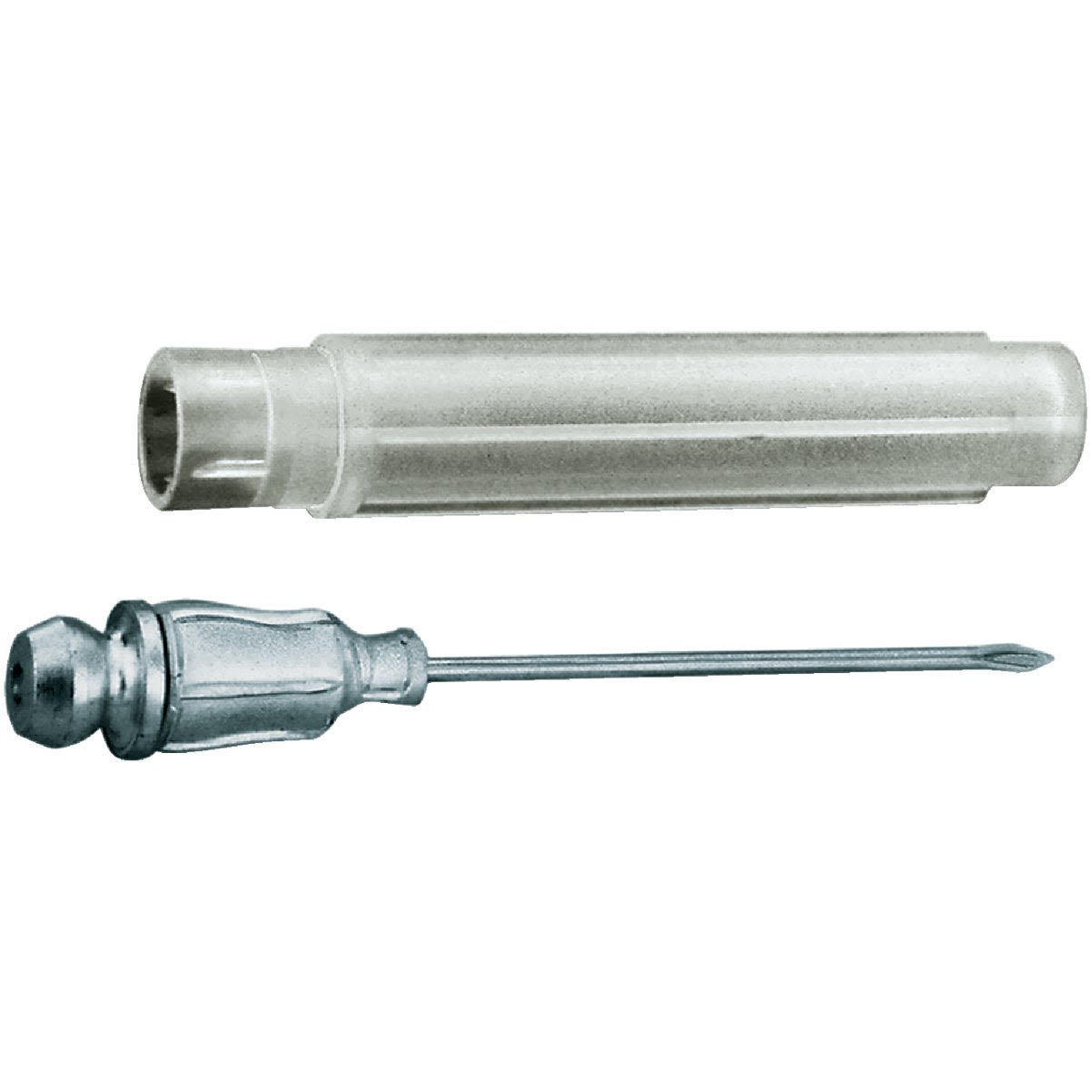 Metal grease injector needle with ergonomic handle and protective clear plastic case for automotive maintenance tools collections