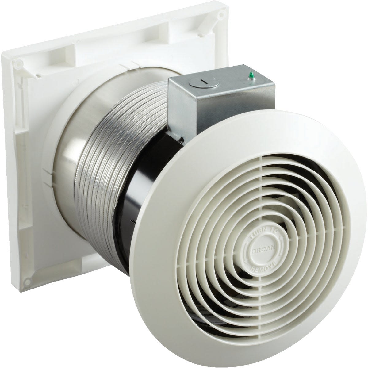 White wall-mounted ventilator with metal housing and circular grille for home improvement air circulation tasks