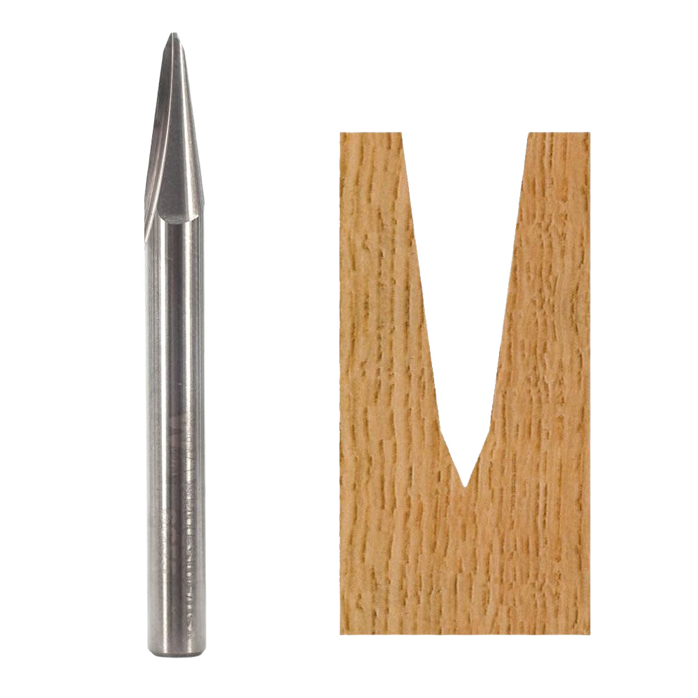 Precision carving bit with 15-degree angle creating fine V-groove detail on wood for woodworking projects