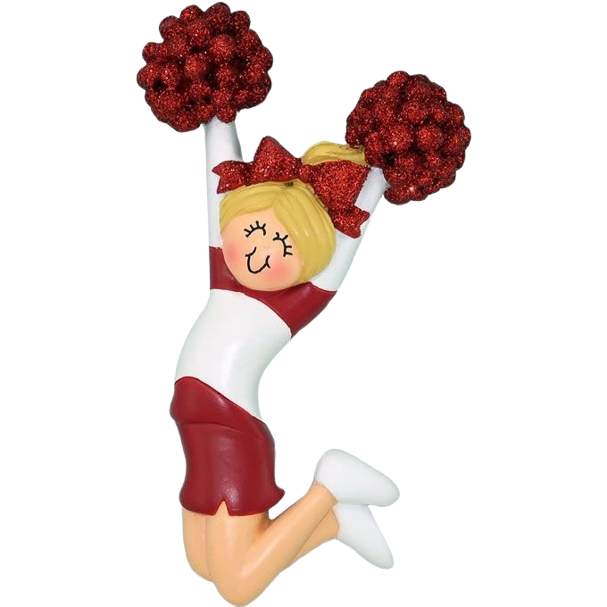 Blonde female cheerleader ornament with red uniform and glittery pom-poms from Christmas Ornaments & Tree Decorations collection