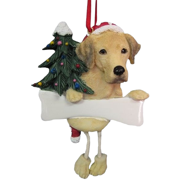 Playful yellow Labrador dog ornament with dangling legs holding a decorated Christmas tree and blank bone sign