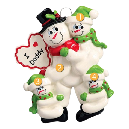 Snowman family ornament with dad holding three kids wearing green hats and scarves from Christmas Ornaments & Tree Decorations collection under $50