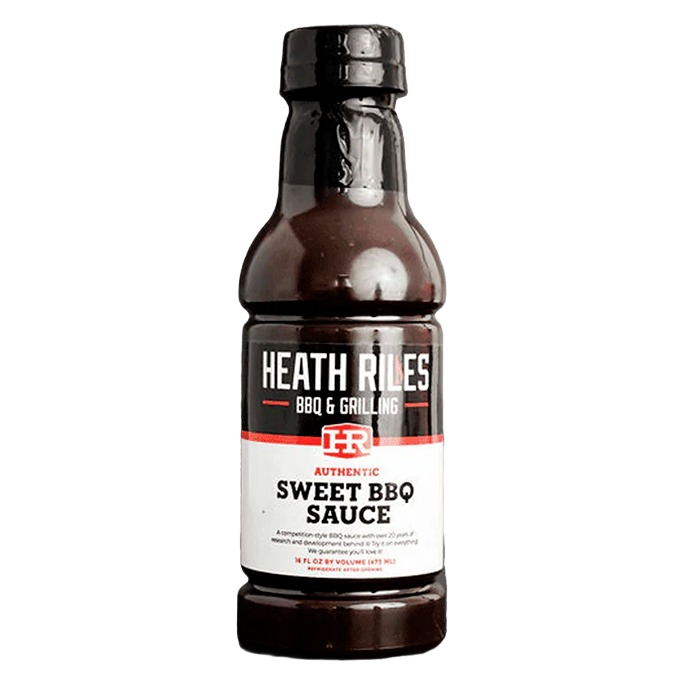 Bottle of Heath Riles Sweet BBQ Sauce with bold black and white label for grilling and outdoor living collections