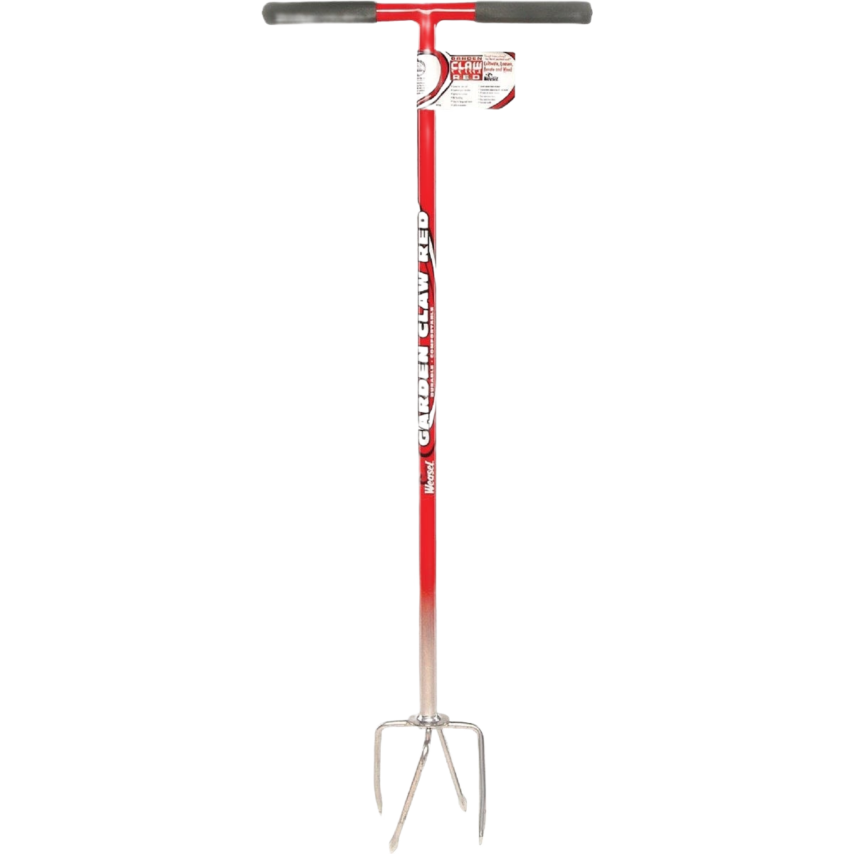 Red steel garden claw with ergonomic black handle and curved tines for soil aeration and gardening tasks