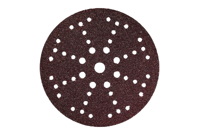 Round dark maroon abrasive sandpaper disc with multiple perforations for dust extraction in home improvement tasks