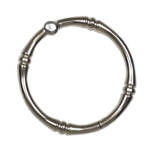 Satin nickel shower curtain ring with decorative joint detailing for durable bathroom hardware and home improvement use