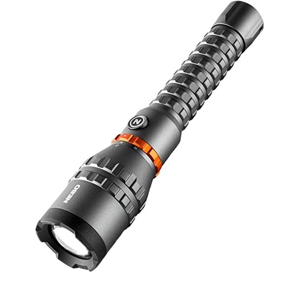 Black and orange rechargeable flashlight with knurled grip and adjustable head for tools and home improvement projects
