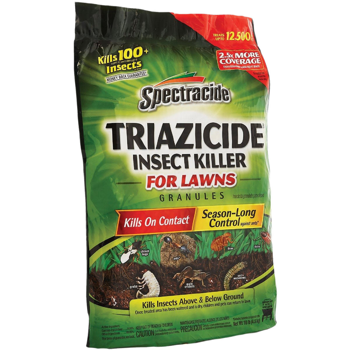 Bag of Spectracide insect killer granules for lawn pest control, killing insects above and below ground