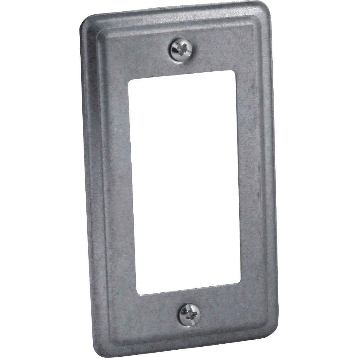 Gray metal handy box cover plate with rectangular opening and two screw holes for electrical installations