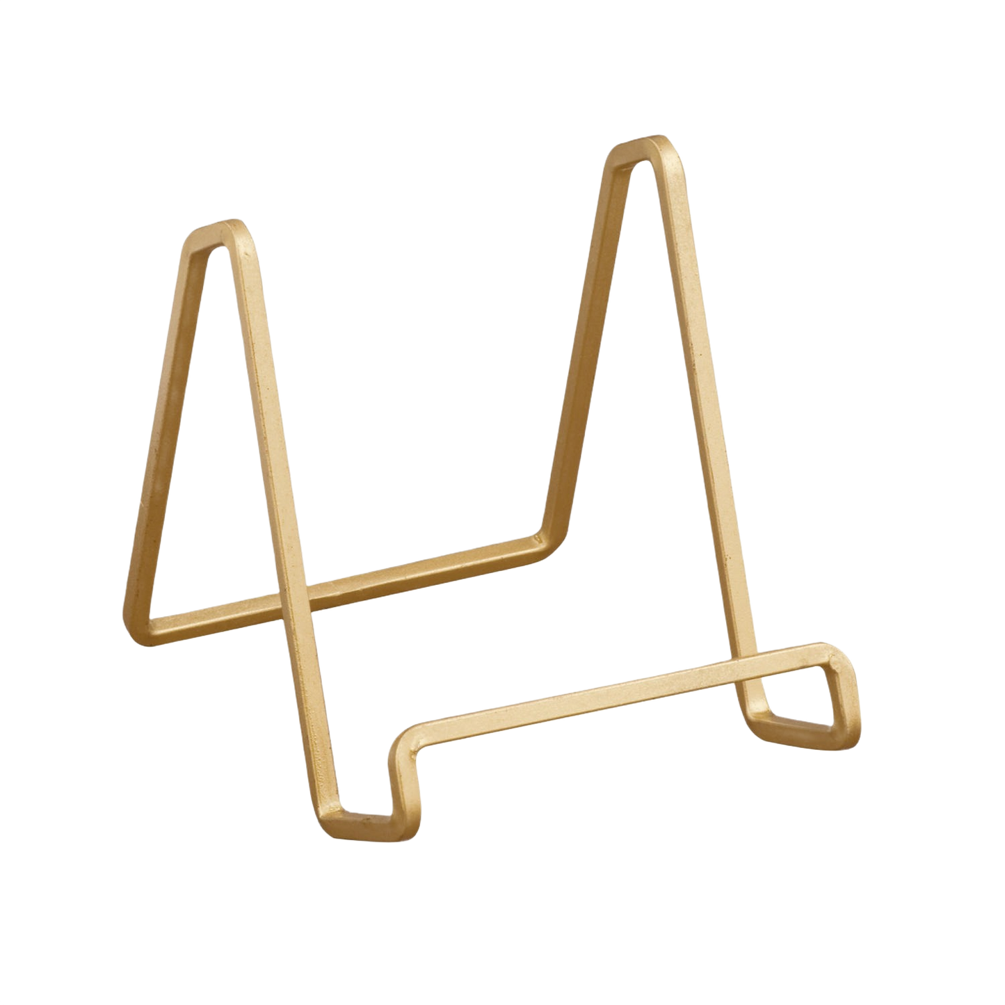 Gold-colored square wire stand designed for displaying items in home improvement or retail settings