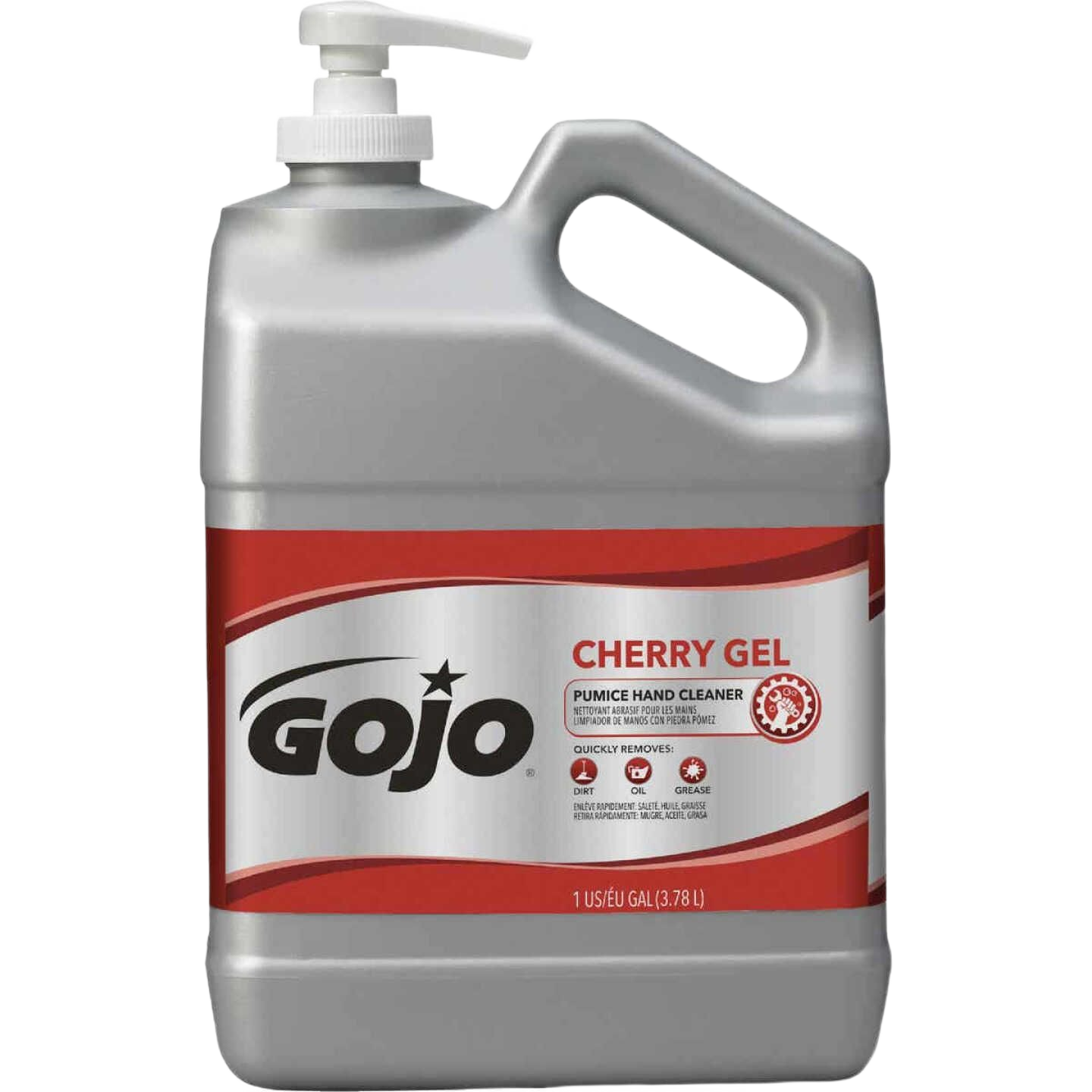 Gray 1-gallon pump bottle of GOJO Cherry Gel pumice hand cleaner for removing dirt and grease under $50