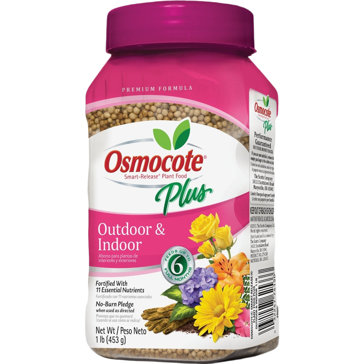 Pink container of smart-release plant food pellets for outdoor and indoor plants in lawn and garden care collections