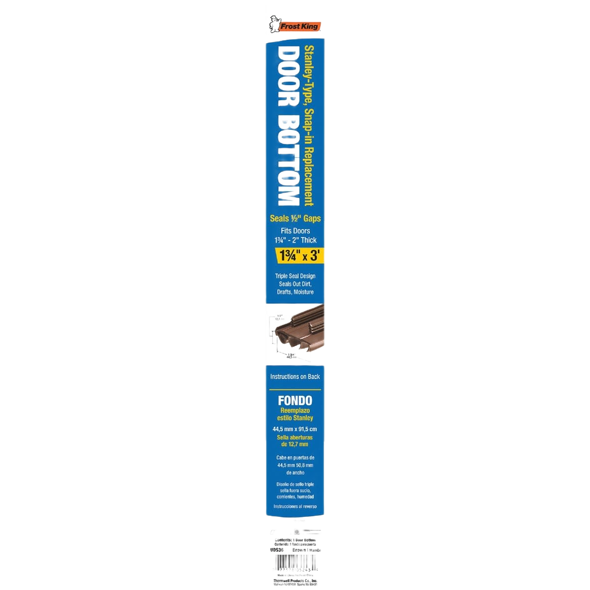 Blue and brown vinyl door bottom seal for Stanley steel doors, designed for home improvement hardware collections under $50