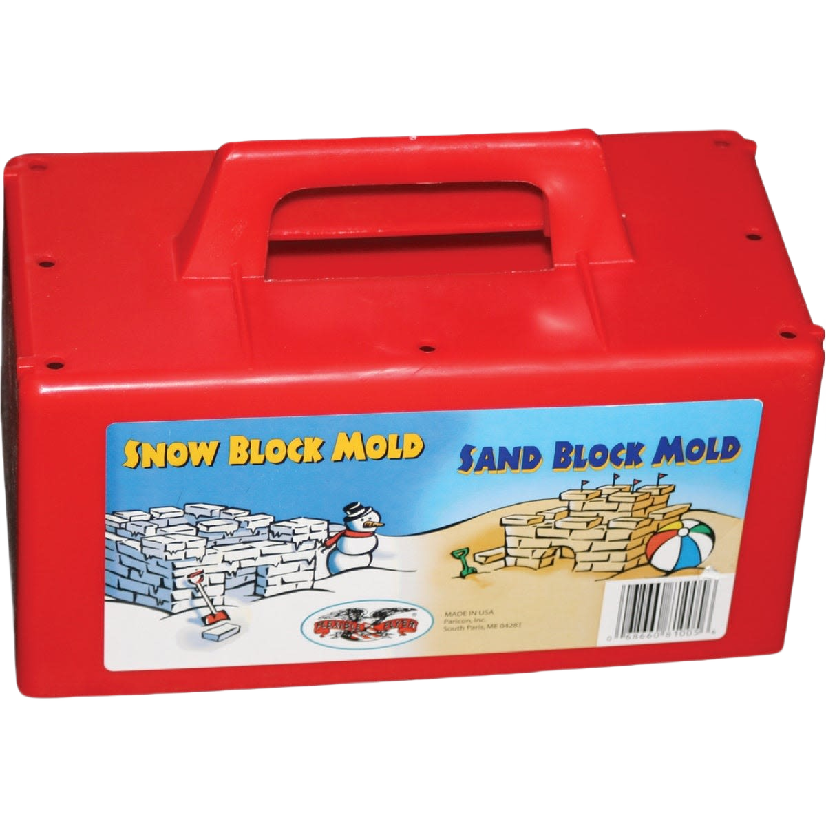 Red plastic block mold with handle for creating snow forts or sand castles in outdoor games and toys collections under $50