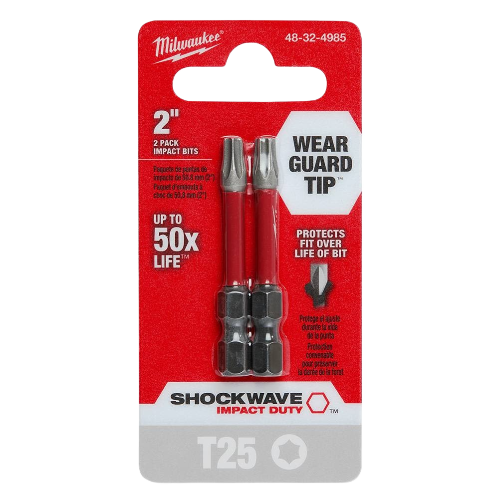 Two red-shaft T25 TORX impact bits with Wear Guard Tip for enhanced durability, ideal for power tool accessories and home improvement tasks