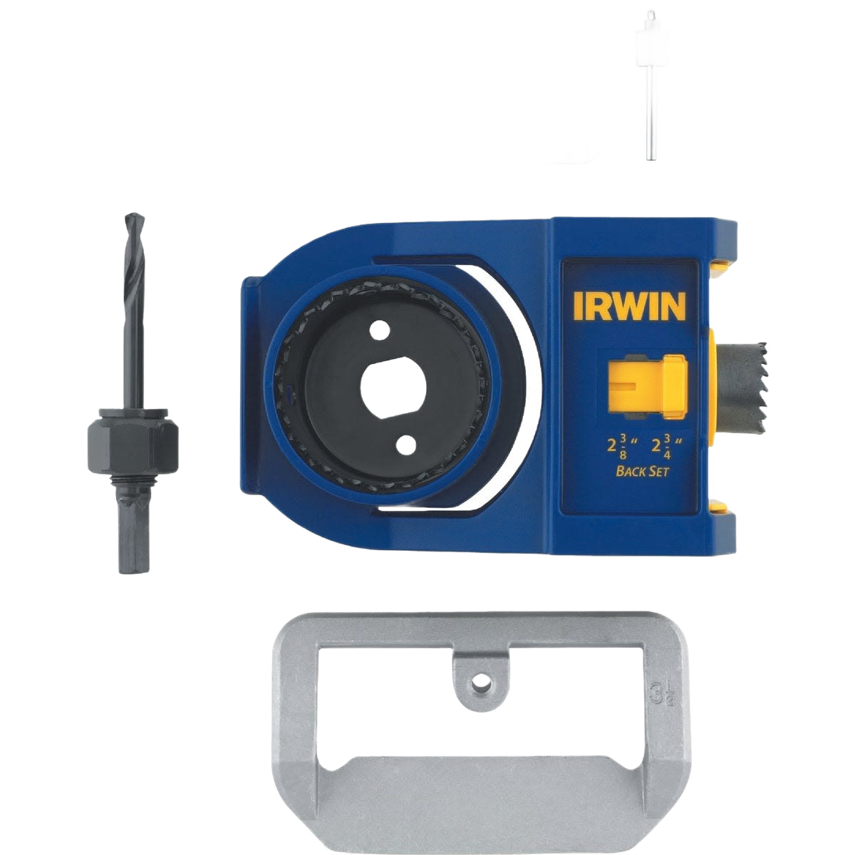 Blue and yellow irwin wood door lock installation kit with drill bits and metal template in tool accessories collection
