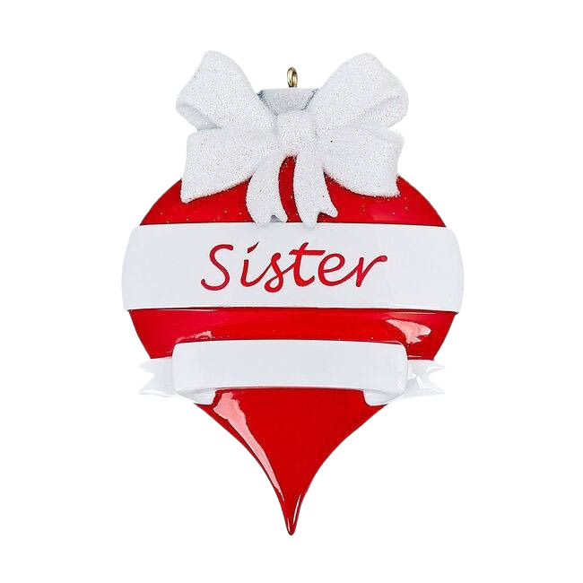 Red teardrop ornament with white bow and ribbon reading Sister for Christmas Ornaments & Tree Decorations under $50 collection