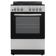 Compact stainless steel electric range with black glass oven door, control knobs, and stove burners for kitchen appliances collection