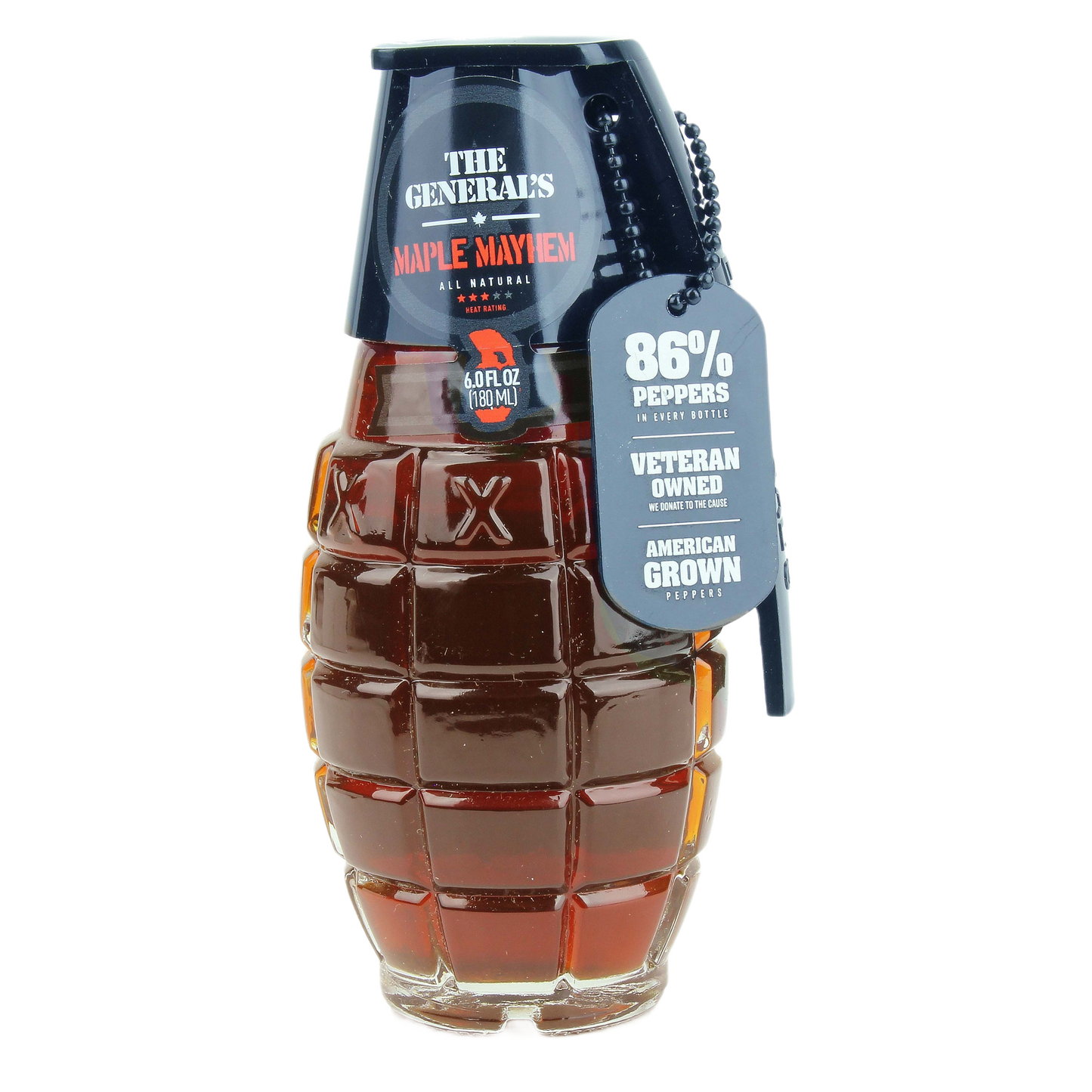 Grenade-shaped glass bottle of all-natural hot sauce with black cap and tag highlighting pepper content and veteran ownership