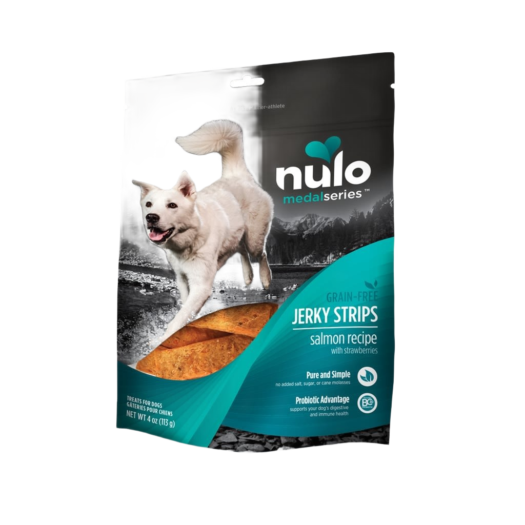 Package of grain-free salmon jerky strips for dogs with probiotics and natural ingredients for digestive health