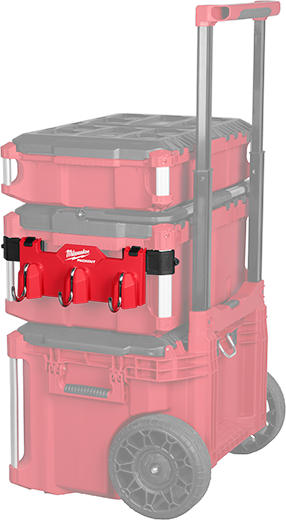 Stacked red Milwaukee PACKOUT™ modular tool storage with wheels and 3-hook attachment for enhanced jobsite organization