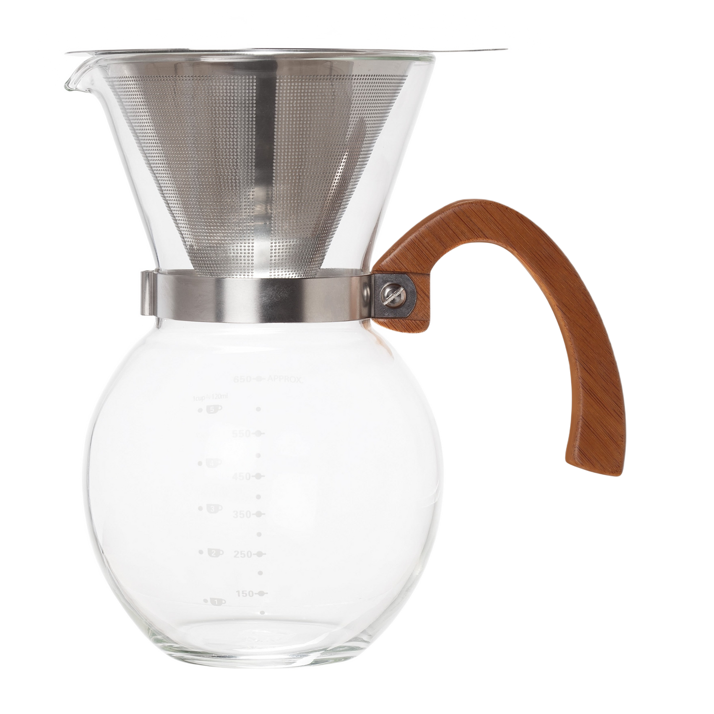 Glass pour over coffee carafe with stainless steel filter and curved wooden handle in kitchenware collection under 100 dollars