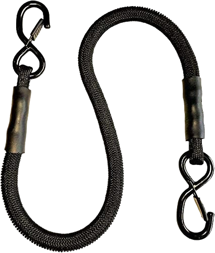 Black 24-inch stretch cord with metal S-hooks for securing loads in automotive and cargo tie-down applications