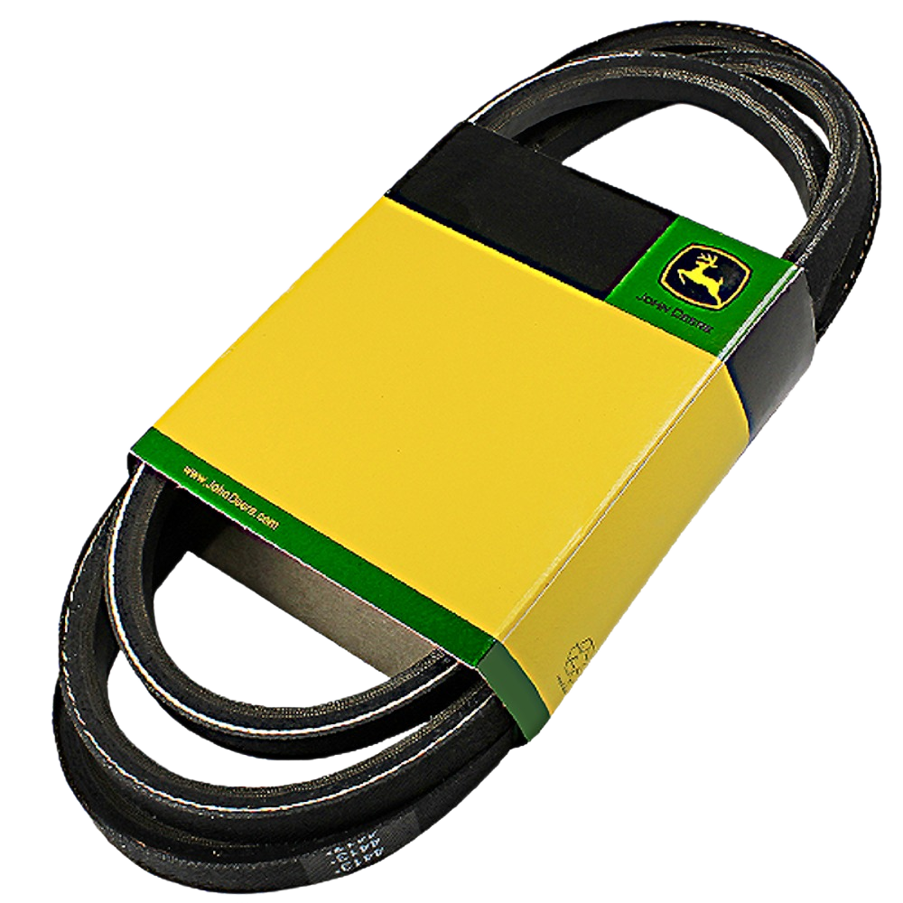 Black rubber drive belt coiled and labeled with green and yellow packaging for tools and home improvement use