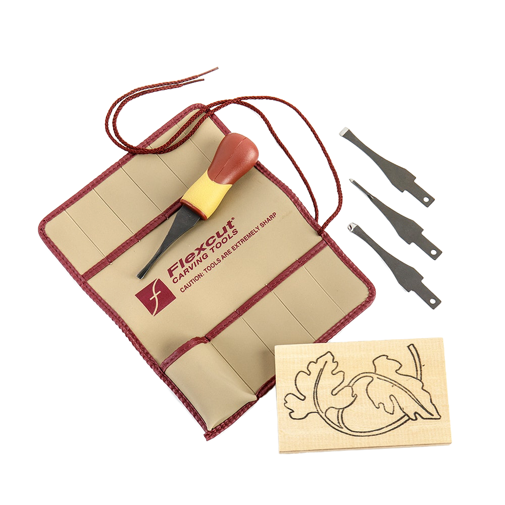Flexcut carving set with ergonomic ABS handle, three interchangeable blades, and a wood carving blank in storage roll pouch