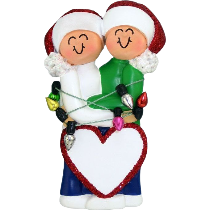 Smiling couple figurine in festive hats wrapped in colorful lights holding a blank heart for Christmas decorations collection