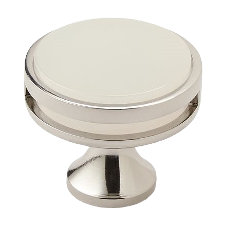 Round polished nickel knob with frosted center and flared base, designed for home improvement projects