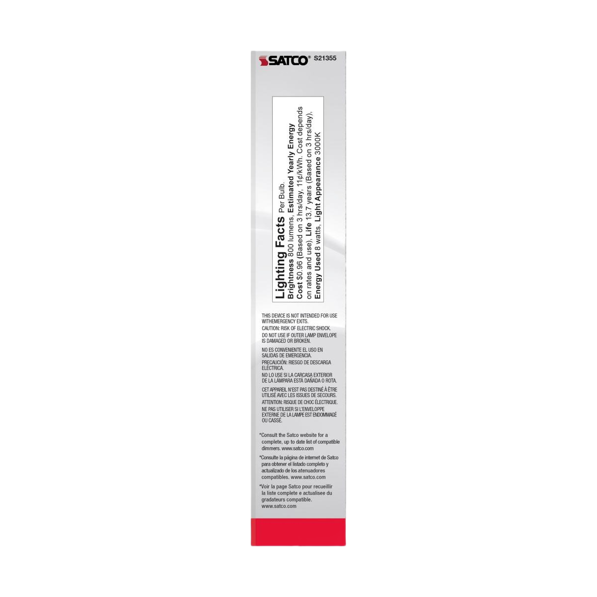 Side view of Satco packaging showing lighting facts and energy information for LED bulb in electrical and lighting collections