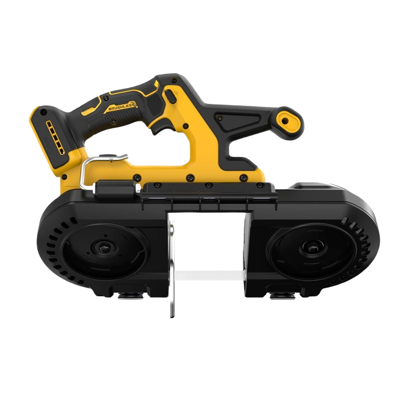 Yellow and black cordless brushless bandsaw designed for power tool collections and battery powered saws in home improvement