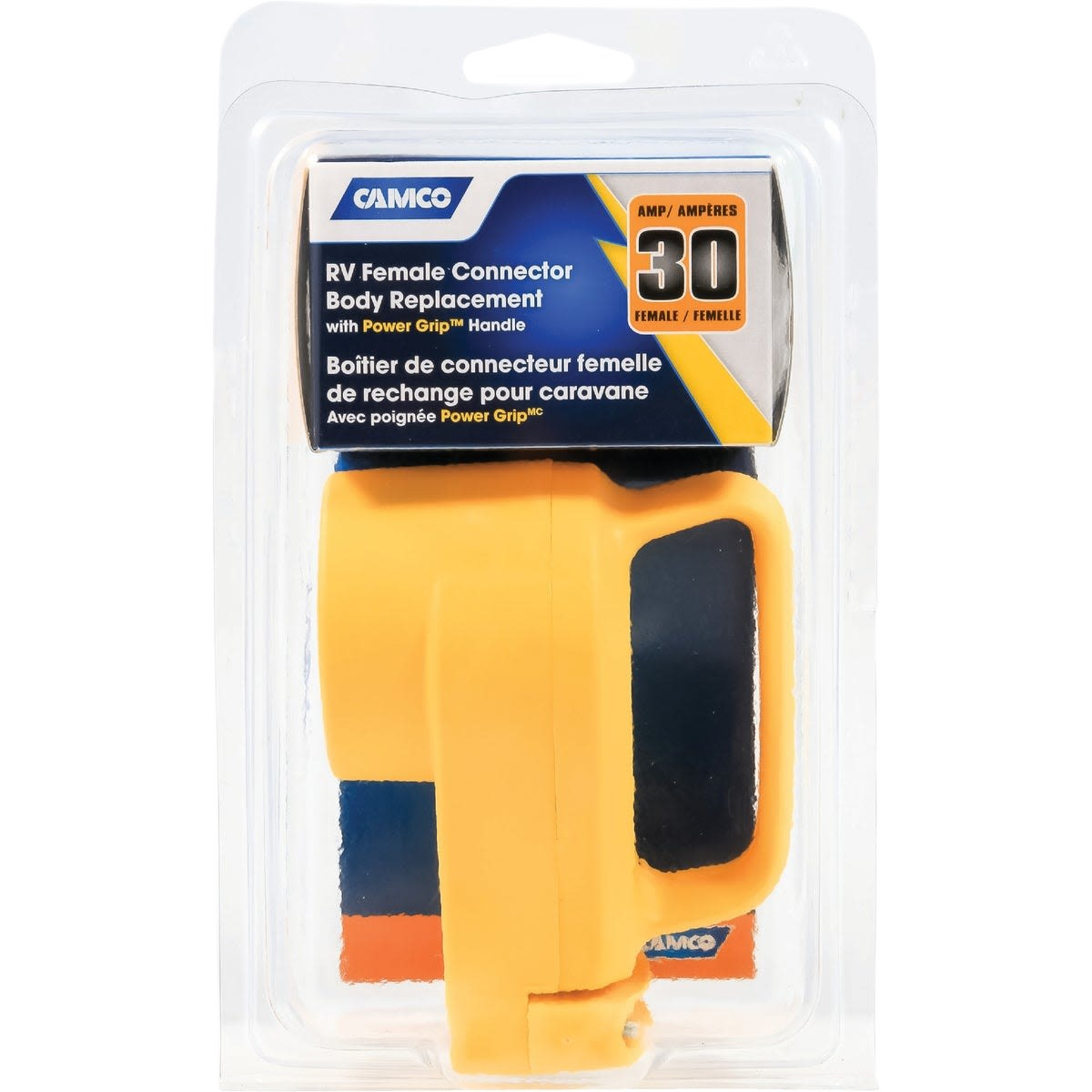 Yellow and black RV female connector with power grip handle in clear retail packaging from automotive collection under $50