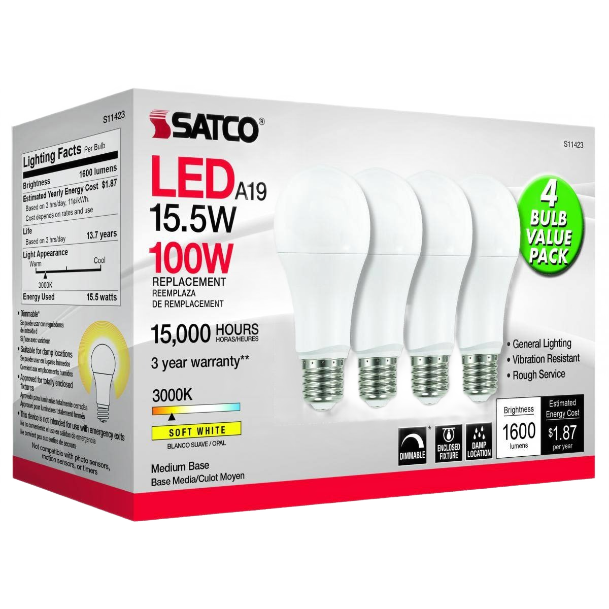 4-pack of soft white LED bulbs with medium base, energy-saving and durable for general home and office lighting needs