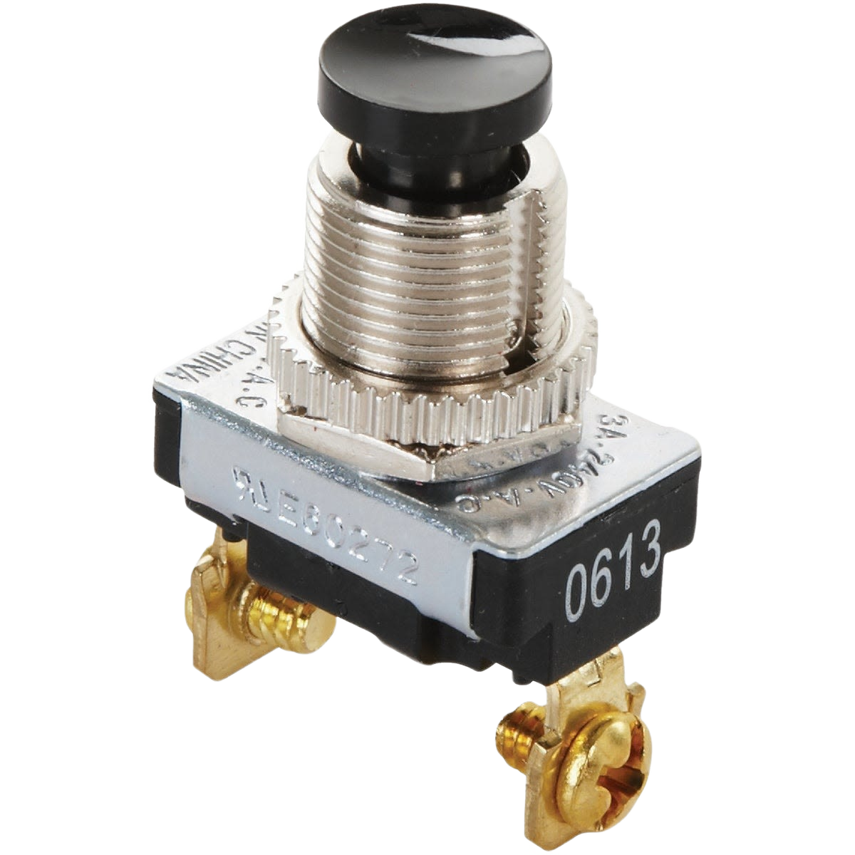 Metal push-button switch with black actuator and brass terminals for tools and home improvement use