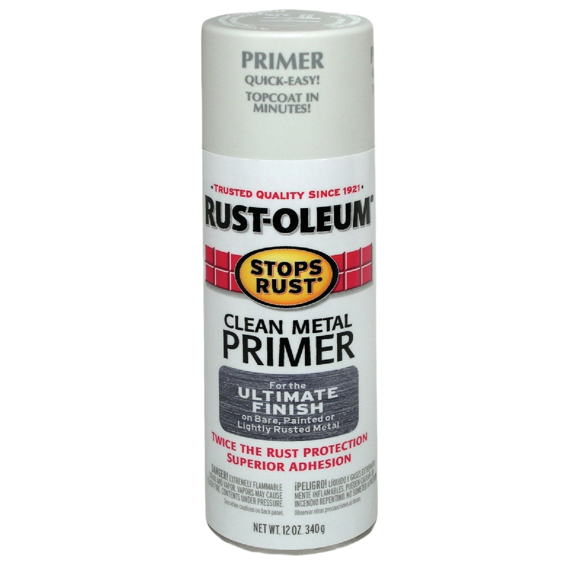 White spray primer can for clean metal surfaces, Rust Oleum brand, in home improvement primer and spray paint collection