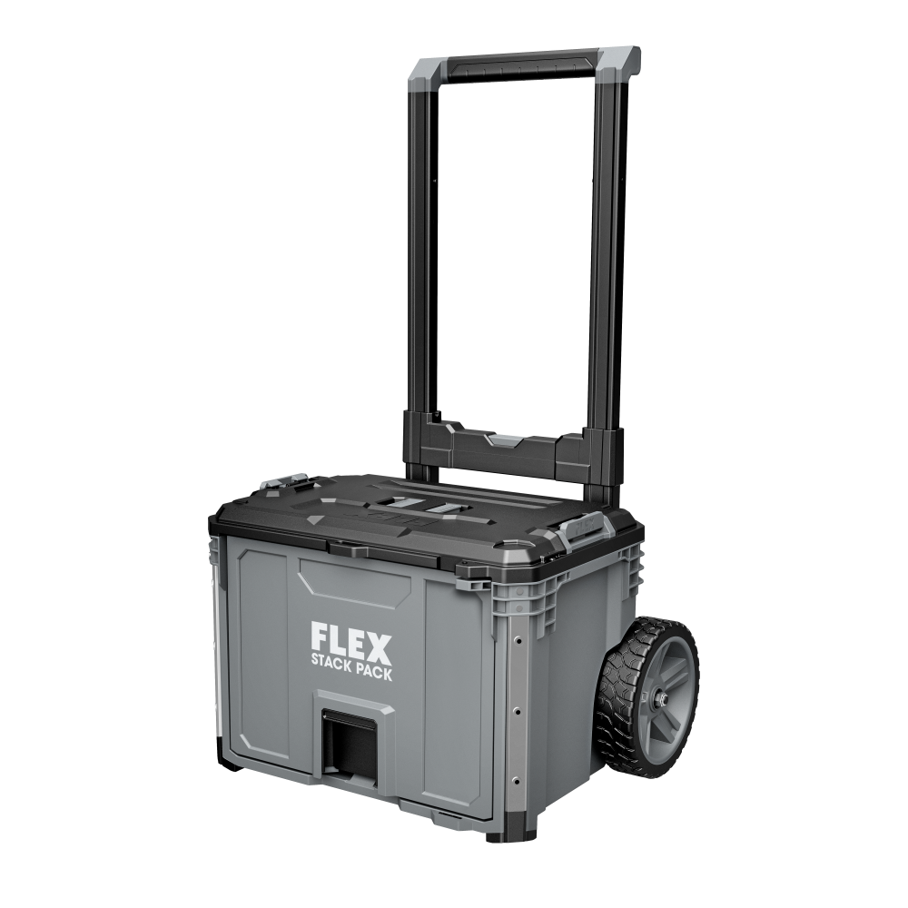 Gray FLEX STACK PACK rolling tool box with durable 9-inch wheels and telescoping handle, designed for tool storage and workshop organization at Hartville Hardware.