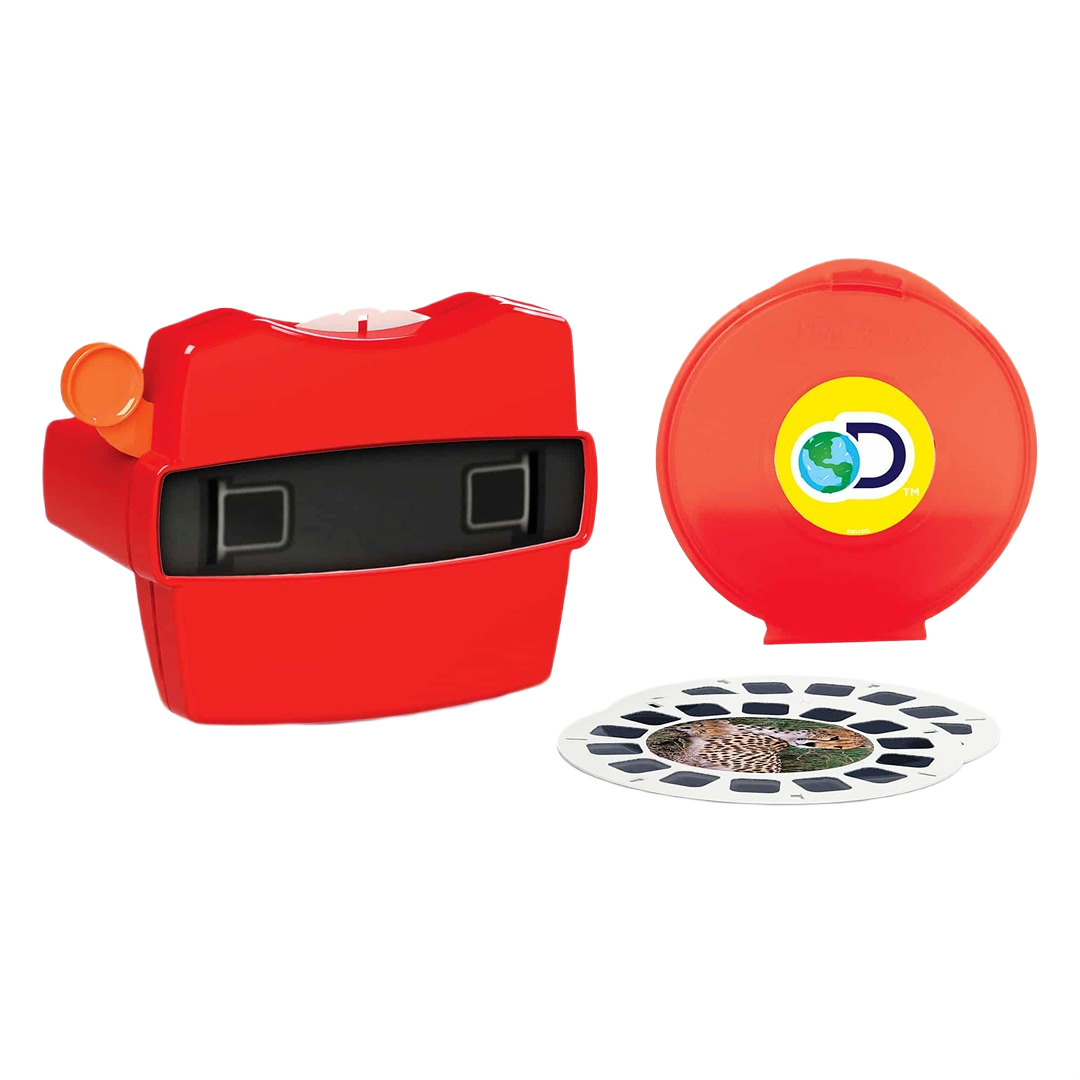 Red vintage-style viewer with round orange disc case and animal image slide for Discovery entertainment kit