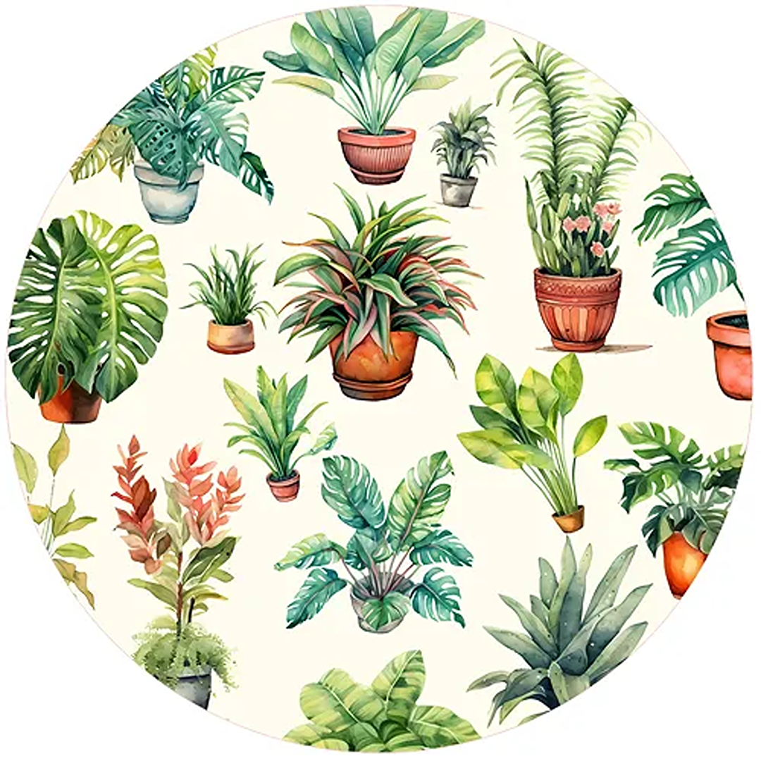 Pattern of various potted green plants on a circular surface for kitchenware and home décor collections