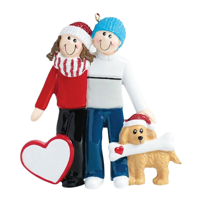Hand-painted couple in winter hats with dog holding bone and heart accent from Christmas Ornaments collection under $50