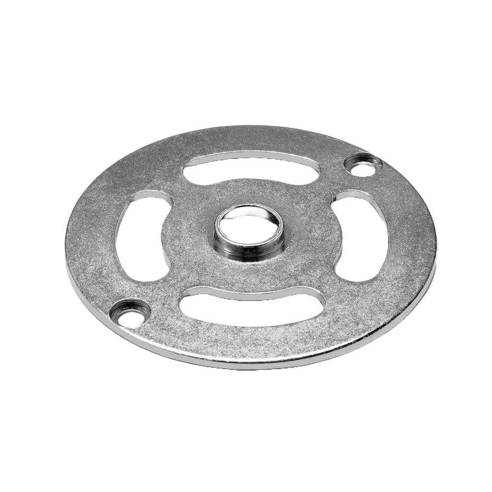 Circular metal router accessory plate with multiple slots and central bearing for woodworking tools collection