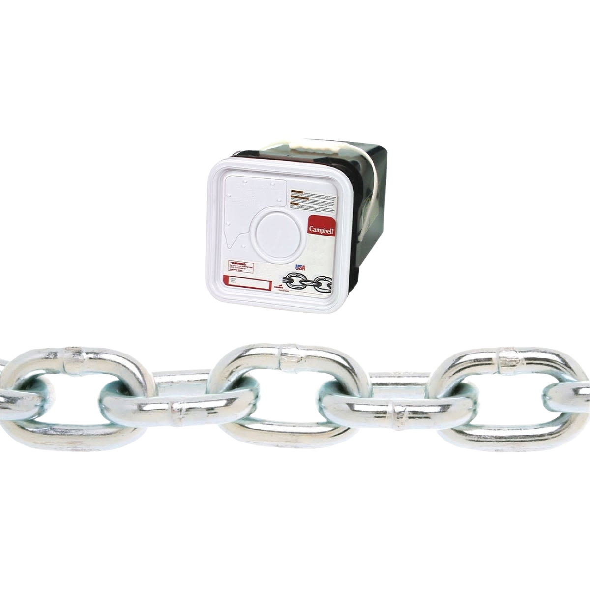 Close-up of zinc-plated low-carbon steel coil chain in 1/4 inch thickness with compact branded packaging for tools use