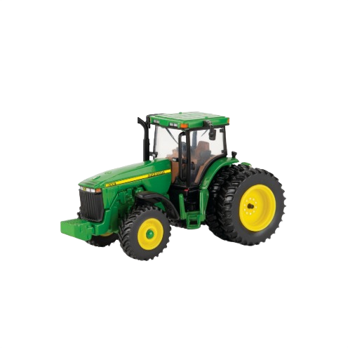 Green and yellow detailed scale model tractor with large rear tires and enclosed cab for collectors and hobbyists