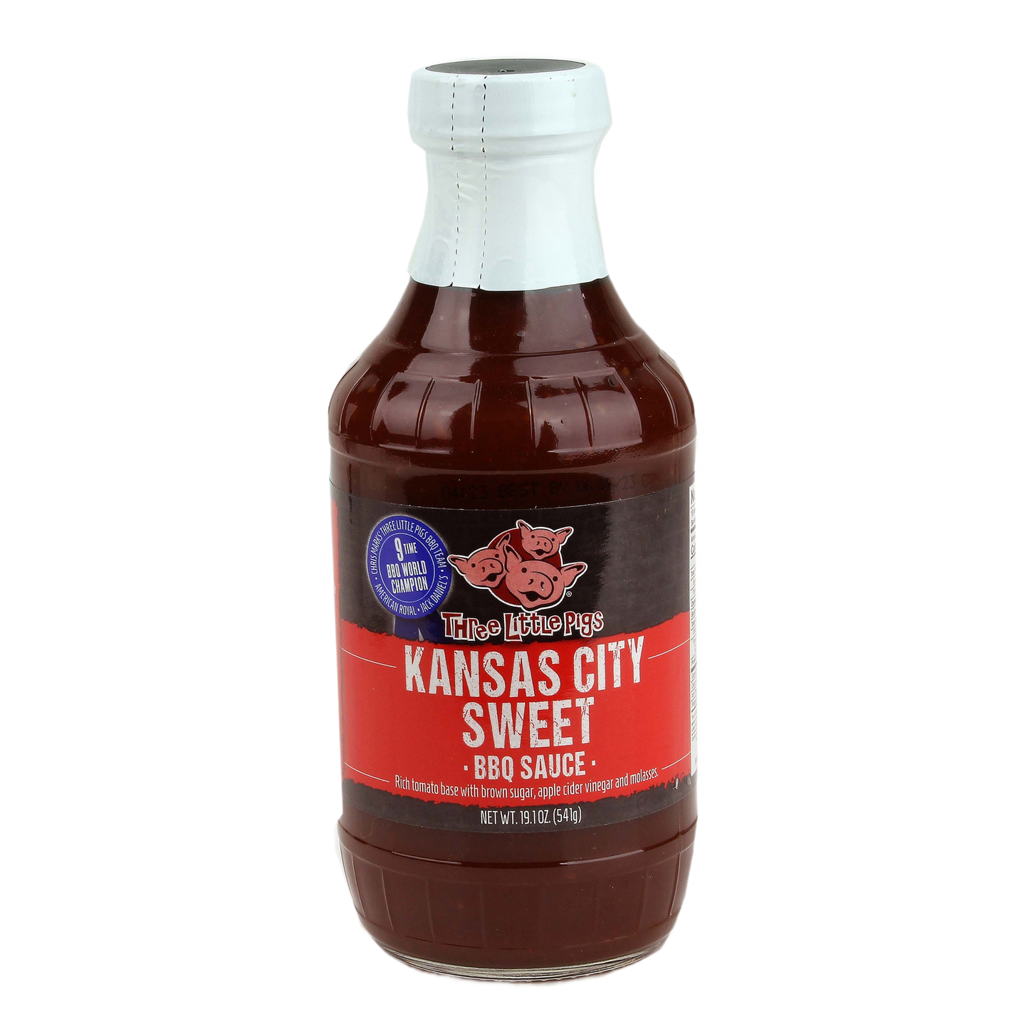 Bottle of Three Little Pigs Kansas City Sweet BBQ Sauce with rich tomato blend for grilling and outdoor living collections
